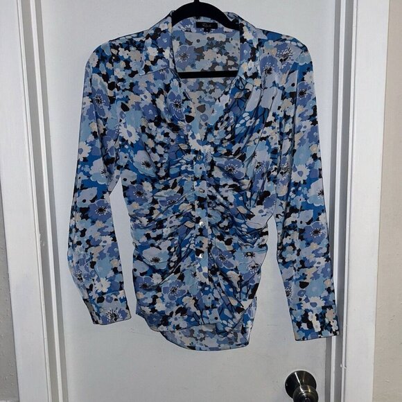 RAILS Lisa Blue Floral Ruched Button-up Collar Long Sleeve Blouse Top Size Small - Picture 2 of 9